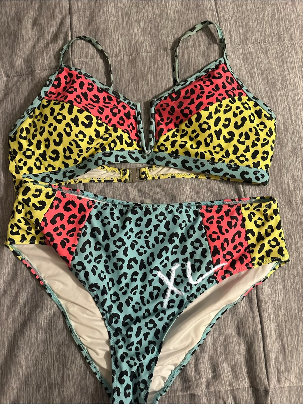 Colorblock Leopard High-Waist Bikini Set - Yellow/Coral/Teal
